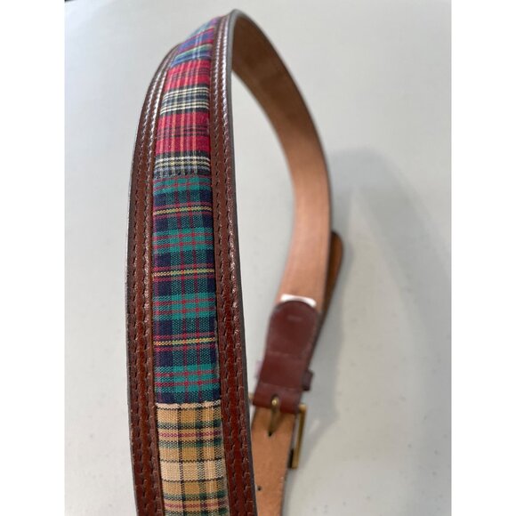 Fossil Genuine Leather Plaid Fabric Belt Unisex Medium Brown Multicolor Bohemian - Picture 9 of 12